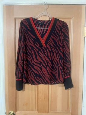 Express Black and Red V-Neck Zebra Print Blouse